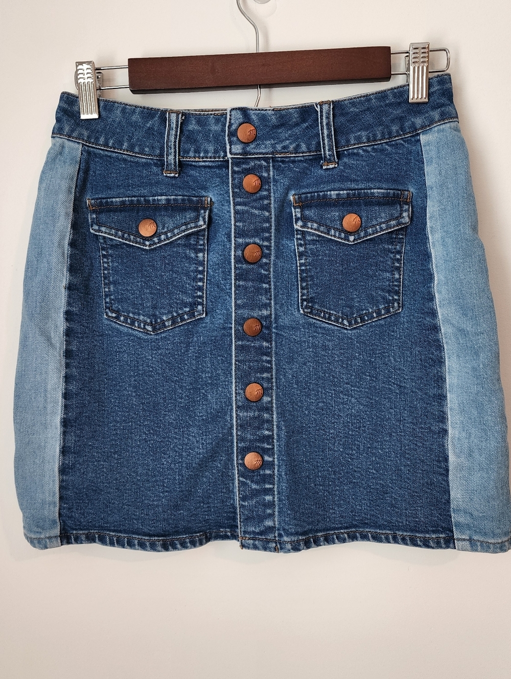 Maedewll, Button-Front Two-Tone Denim Skirt - Blue, Size 25